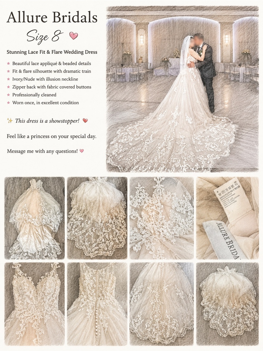 Allure Bridals Lace Fit & Flare Wedding Dress in Ivory/Nude